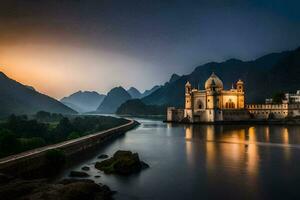 a Sol conjuntos sobre uma rio e uma Igreja dentro China. gerado por IA foto