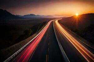 uma grandes exposição foto do uma rodovia às pôr do sol. gerado por IA