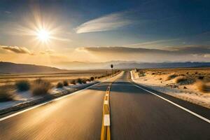 uma grandes esvaziar estrada dentro a deserto com a Sol contexto. gerado por IA foto