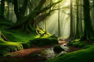 uma floresta com verde árvores e musgo. gerado por IA foto