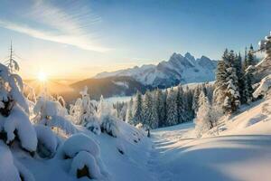 neve coberto árvores e montanhas às pôr do sol. gerado por IA foto