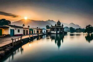 a Sol sobe sobre uma lago e uma têmpora. gerado por IA foto