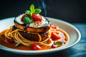 uma prato do massa com tomate molho e queijo. gerado por IA foto