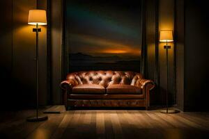 uma couro sofá dentro uma Sombrio quarto com dois lâmpadas. gerado por IA foto