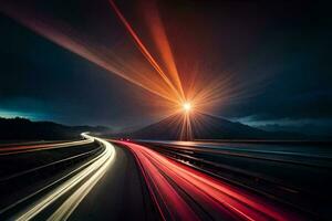 uma grandes exposição fotografia do uma estrada com luz trilhas. gerado por IA foto