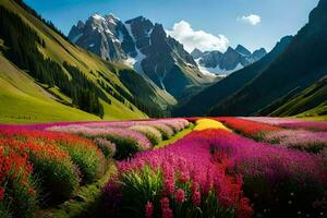 uma campo do flores dentro frente do montanhas. gerado por IA foto