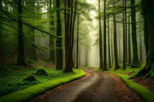 uma caminho através uma verde floresta com árvores e névoa. gerado por IA foto