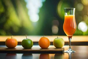 laranja suco e maçãs em uma mesa. gerado por IA foto