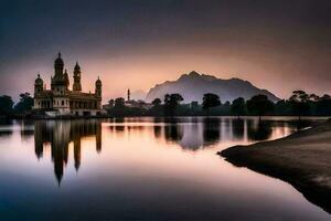 a Sol conjuntos sobre uma lago e uma mesquita. gerado por IA foto