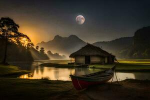 a lua sobe sobre a lago. gerado por IA foto