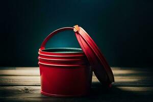 uma vermelho balde com uma tampa em topo do uma de madeira mesa. gerado por IA foto