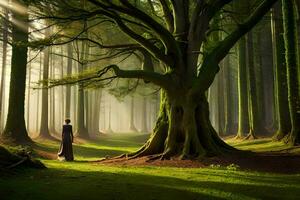 uma homem em pé dentro a meio do uma floresta. gerado por IA foto