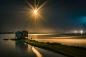 uma barco casa em a água às noite. gerado por IA foto