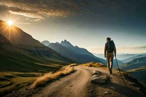 uma homem com uma mochila caminhando em uma montanha trilha. gerado por IA foto