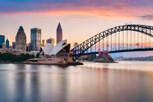 Sydney Horizonte às pôr do sol com a ópera casa e ponte. gerado por IA foto