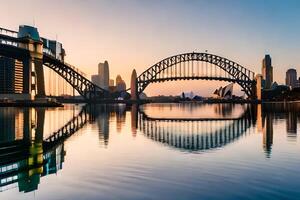 Sydney Porto ponte e Sydney ópera casa às pôr do sol. gerado por IA foto