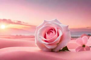Rosa rosa em a areia com uma pôr do sol dentro a fundo. gerado por IA foto