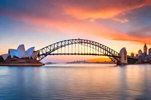 a Sydney ópera casa e ponte às pôr do sol. gerado por IA foto