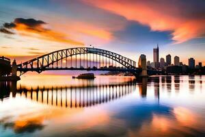 Sydney Porto ponte às pôr do sol. gerado por IA foto