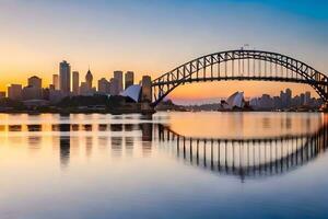 a Sydney Porto ponte e cidade Horizonte às pôr do sol. gerado por IA foto