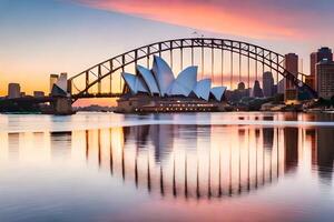 a Sydney ópera casa e a cidade Horizonte às pôr do sol. gerado por IA foto