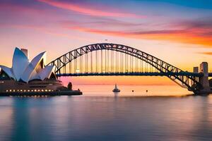 a Sydney ópera casa e ponte às pôr do sol. gerado por IA foto