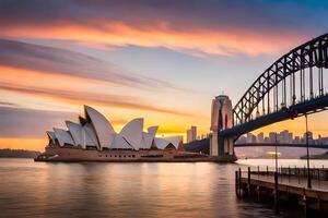 Sydney ópera casa e ponte às pôr do sol. gerado por IA foto