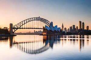 a Sydney ópera casa e Sydney ponte às pôr do sol. gerado por IA foto