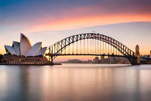 a Sydney ópera casa e ponte às pôr do sol. gerado por IA foto