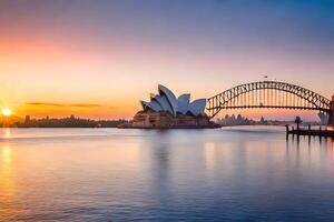 a Sydney ópera casa e a Sydney Porto ponte às pôr do sol. gerado por IA foto