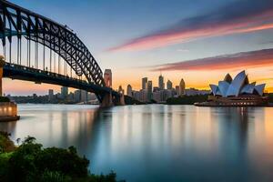 a Sydney Horizonte às pôr do sol com a ópera casa e ponte. gerado por IA foto