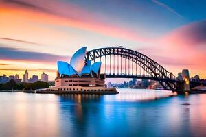 a Sydney ópera casa e ponte às pôr do sol. gerado por IA foto