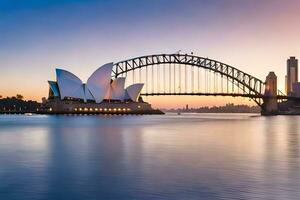 a Sydney ópera casa e ponte às pôr do sol. gerado por IA foto