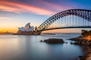 a Sydney ópera casa e ponte às pôr do sol. gerado por IA foto