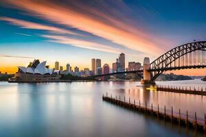 a Sydney Horizonte às pôr do sol com a ópera casa e ponte dentro a primeiro plano. gerado por IA foto