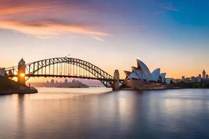 Sydney ópera casa e Sydney ponte às pôr do sol. gerado por IA foto