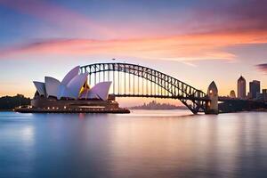 a Sydney ópera casa e ponte às pôr do sol. gerado por IA foto