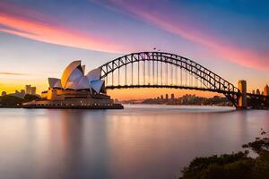 a Sydney ópera casa e ponte às pôr do sol. gerado por IA foto