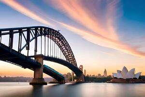 Sydney Porto ponte e ópera casa às pôr do sol. gerado por IA foto