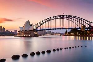 a Sydney ópera casa e a ponte às pôr do sol. gerado por IA foto