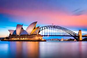 a Sydney ópera casa e a ponte às pôr do sol. gerado por IA foto