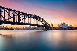 a Sydney ópera casa e ponte às pôr do sol. gerado por IA foto