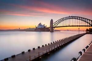 a Sydney Porto ponte e ópera casa às pôr do sol. gerado por IA foto