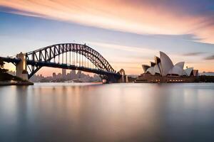 a Sydney ópera casa e Sydney ponte às pôr do sol. gerado por IA foto