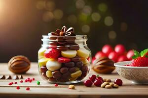 uma jarra preenchidas com chocolate e de outros doces. gerado por IA foto