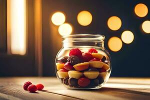 uma vidro jarra preenchidas com chocolate e framboesas. gerado por IA foto