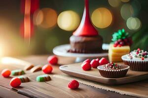 Natal bolos e bolos de copo em uma de madeira mesa. gerado por IA foto