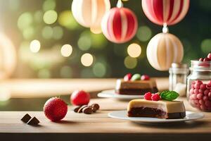 Natal sobremesa em uma de madeira mesa com Natal decorações. gerado por IA foto