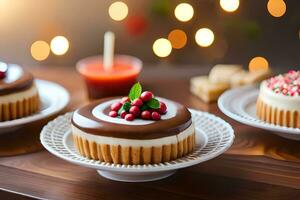 três pequeno bolos com chocolate geada e bagas. gerado por IA foto