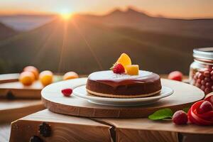 uma sobremesa em uma prato com fruta e bagas. gerado por IA foto